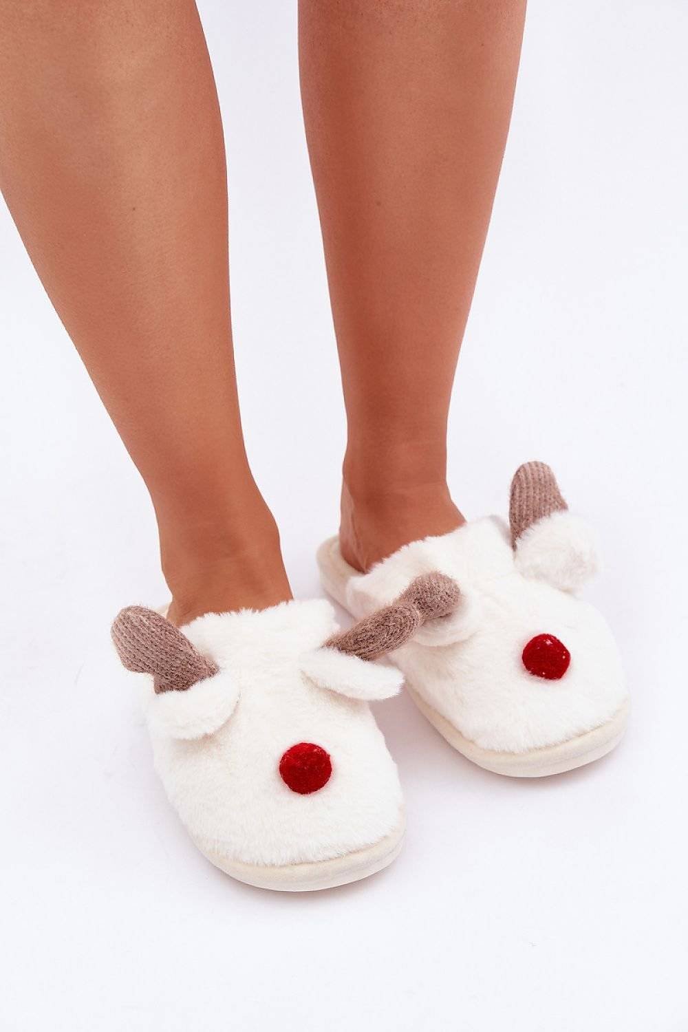 Fur Winter Slippers with Reindeer Motif