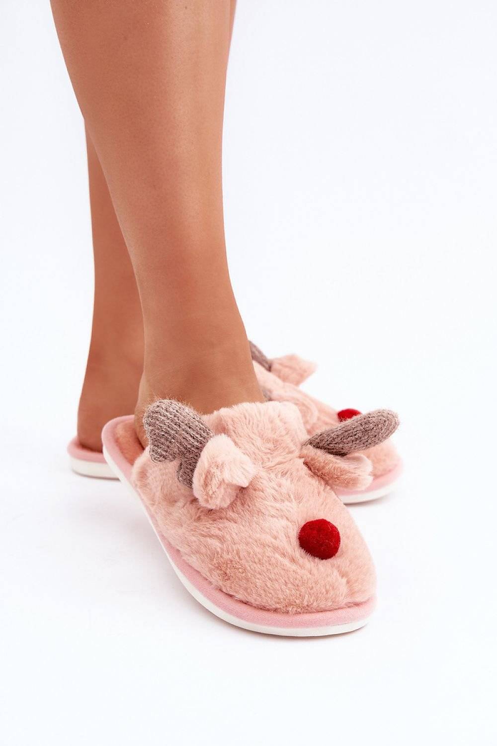 Fur Winter Slippers with Reindeer Motif