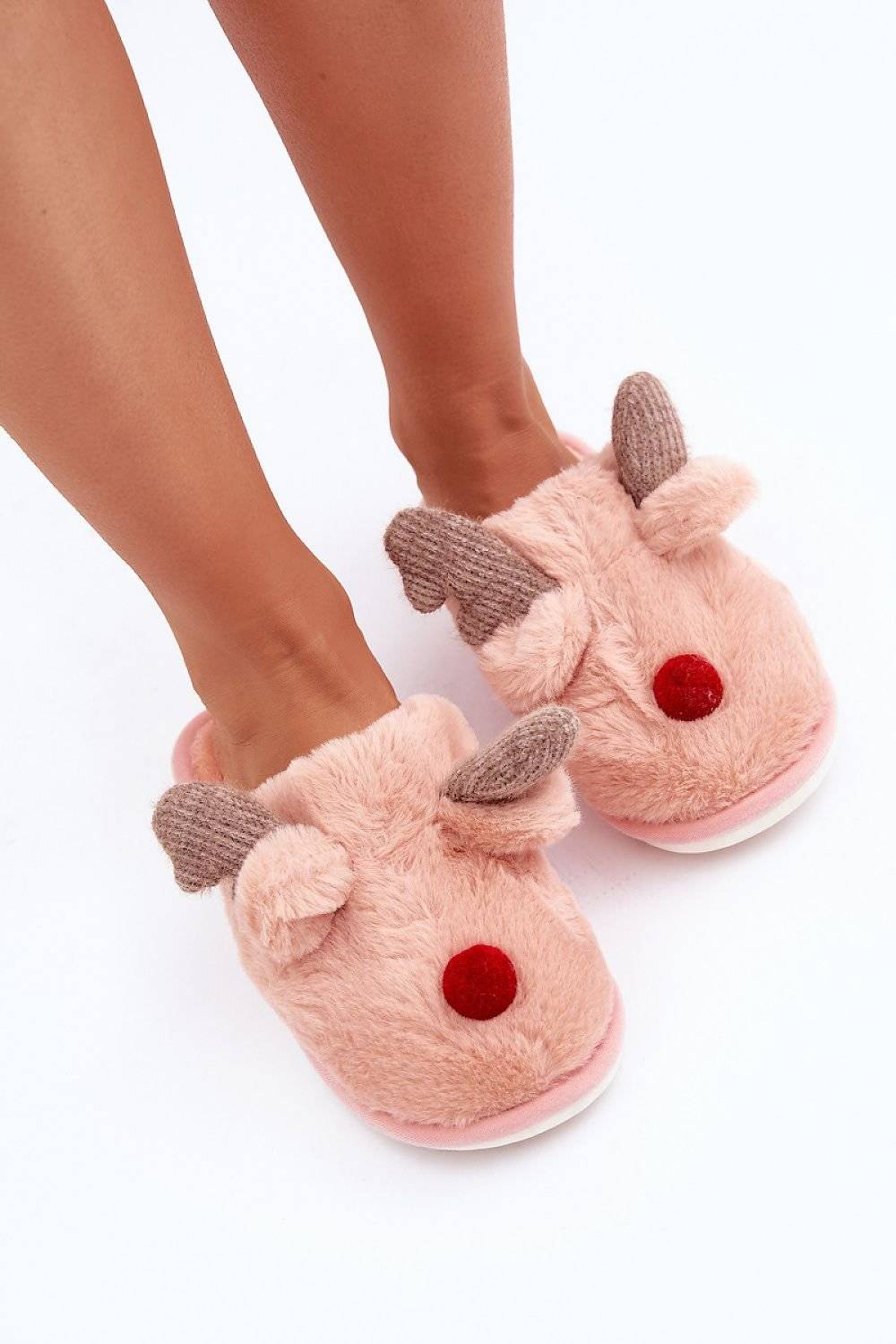 Fur Winter Slippers with Reindeer Motif
