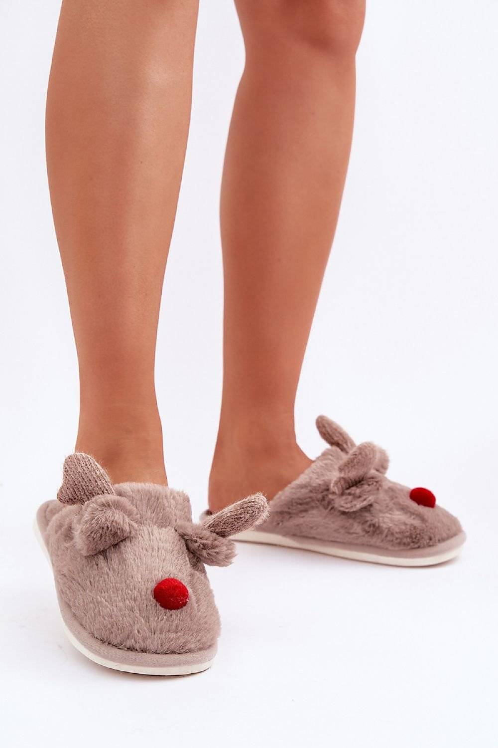 Fur Winter Slippers with Reindeer Motif