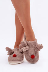 Fur Winter Slippers with Reindeer Motif