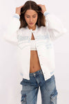 Sweatshirt - Women's Bomber Jacket in white with 'Hamptons NY' text, casual fit with ribbed cuffs, styled with cargo jeans.