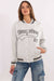 Grey Women's Bomber Jacket with black 'Hamptons NY' text, varsity-style sweatshirt with striped ribbed cuffs and front snap buttons.